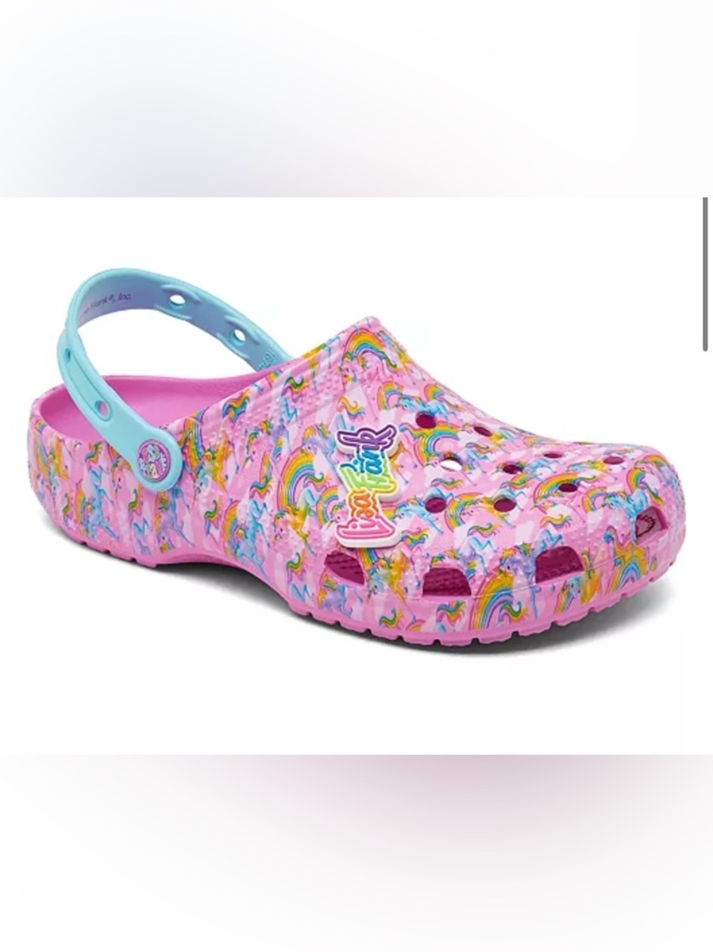 NWOT CROCS Women’s Lisa Frank Clog in Pink Rainbow Unicorn Print and Aqua Strap